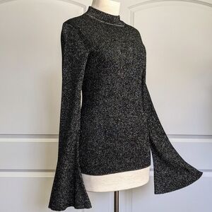 DVF Mock Neck Metallic Knit Ribbed Wool Blend Bell Sleeves Black Silver L NWT